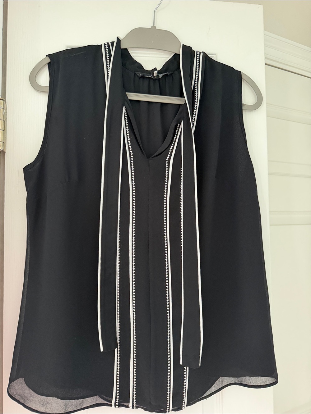 White House Black Market Black Sleeveless Tie-Neck Camisole with White Trim